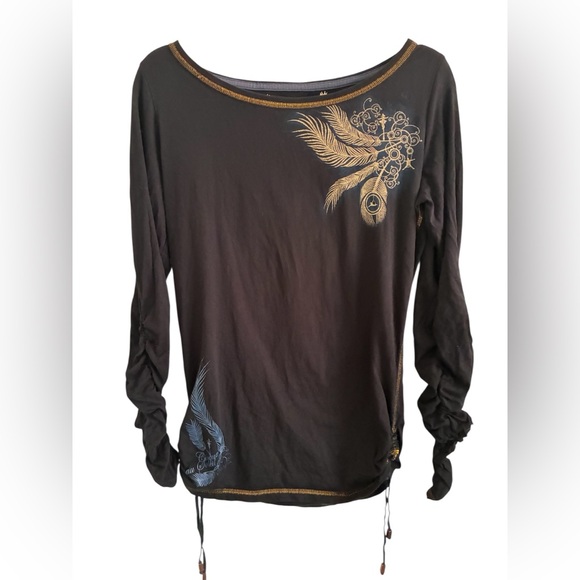 Cirque Du Soleil Top Top Black XL(fits Like L) Rouched Peacock Boho Art to Wear - Picture 1 of 9